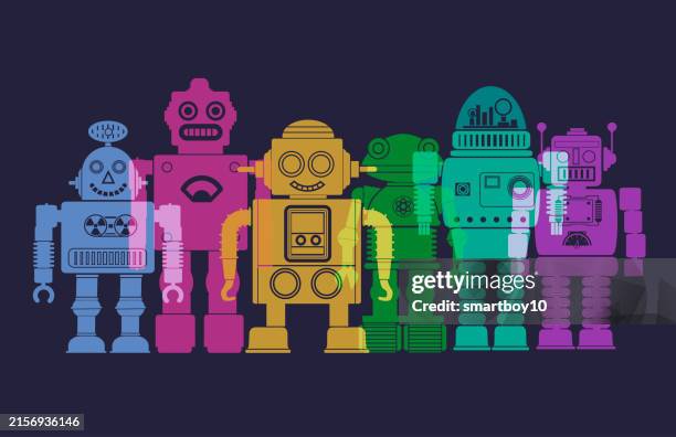 retro toy styled robots for chatbot or artificial intelligence concept. - misinformation stock illustrations