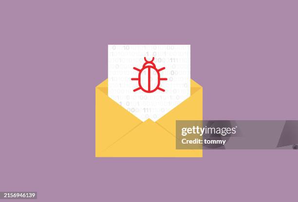 computer bug sign on mail with yellow envelope for cyber security concept - data breach stock illustrations