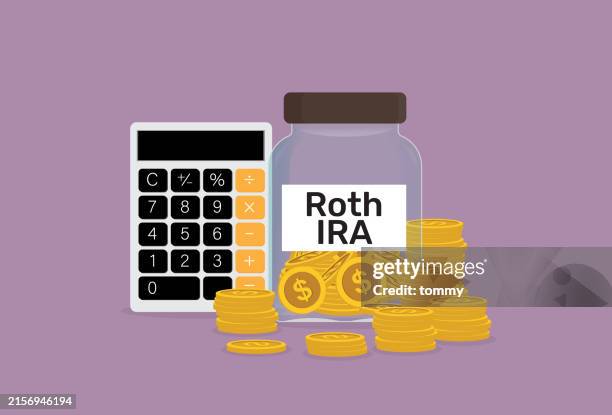 ilustraciones, imágenes clip art, dibujos animados e iconos de stock de plan roth ira con calculadora para el concepto de jubilación - libertad financiera