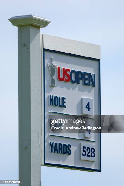 Tee sign is seen on the fourth hole during a practice round prior to the U.S. Open at Pinehurst Resort on June 10, 2024 in Pinehurst, North Carolina.
