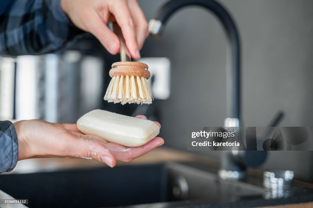 Hand holding dish-washing eco reusable brush with solid soap