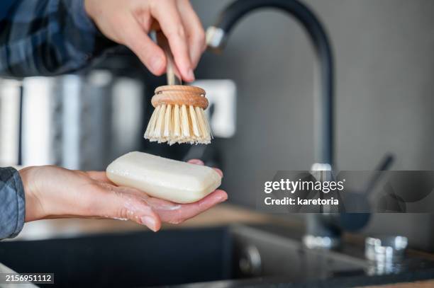 hand holding dish-washing eco reusable brush with solid soap - spülmittel stock-fotos und bilder