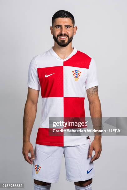 Martin Erlic of Croatia poses for a portrait during the Croatia Portrait session ahead of the UEFA EURO 2024 Germany on June 10, 2024 in Neuruppin,...