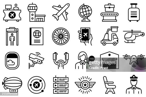 liniensymbole mit editierbarem strich für die luftfahrt - flugzeugteil stock-grafiken, -clipart, -cartoons und -symbole