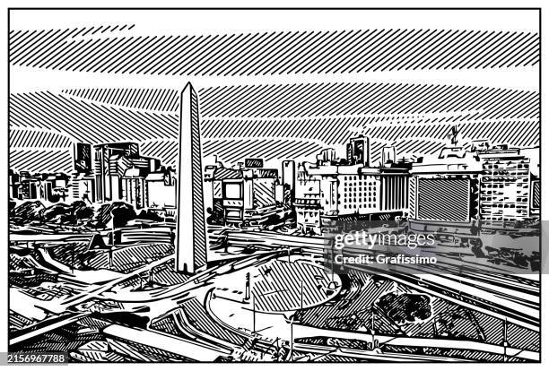 argentina buenos aires rush hour center with obelisco illustration - obelisco-de-buenos-aires stock illustrations