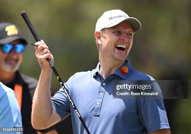 Justin Rose of England laughs during a practice round prior to the U.S. Open at Pinehurst Resort on June 10, 2024 in Pinehurst, North Carolina.
