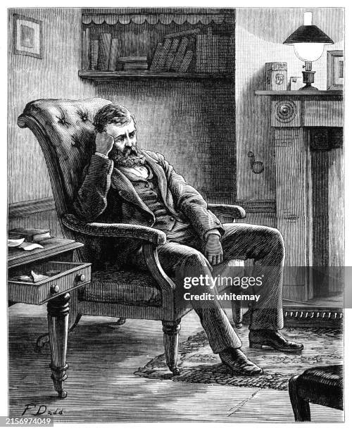 sorrowful victorian man brooding by the fire - bad posture stock illustrations