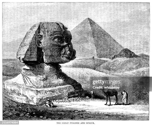 ilustraciones, imágenes clip art, dibujos animados e iconos de stock de la gran pirámide y la esfinge en la década de 1870 - esfinge