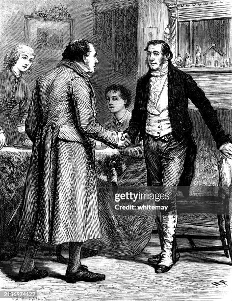 two victorian men shaking hands - stereotypically middle class stock illustrations