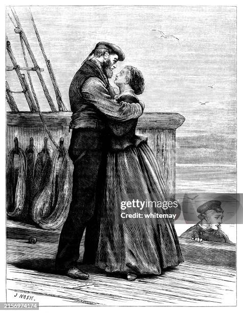 victorian couple saying goodbye on a sailing ship's deck - hug goodbye stock illustrations