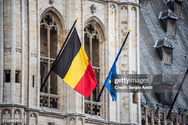 belgian and european union flags - belgium flag stock pictures, royalty-free photos & images