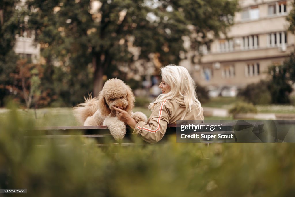 Photo of woman and her poodle resting at park bench