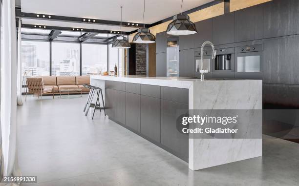 side view of a modern high black kitchen with long rectangular white marble breakfast kitchen island, stools, roof beams, living room with sofa and windows in the background - kitchen island stock pictures, royalty-free photos & images