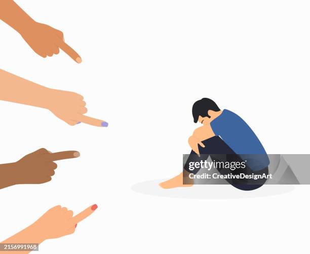 trauriger mann, umgeben von händen mit zeigefingern, die auf ihn zeigen. soziales urteil und victim blaming konzept - vorurteil stock-grafiken, -clipart, -cartoons und -symbole