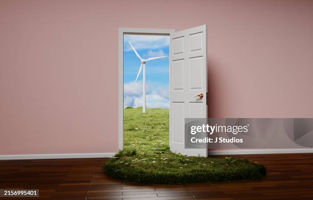 doorway leading into a green energy future - surrealista fotografías e imágenes de stock
