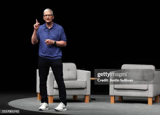 Apple CEO Tim Cook delivers remarks at the start of the Apple Worldwide Developers Conference on June 10, 2024 in Cupertino, California. Apple will...
