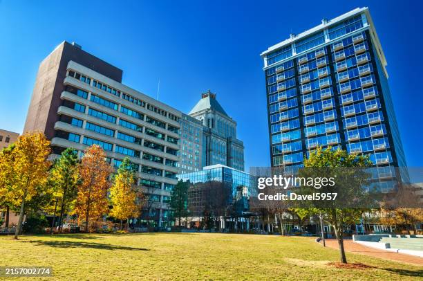greensboro downtown highrise buildings and park, wide angle - downtown greensboro nc stock pictures, royalty-free photos & images