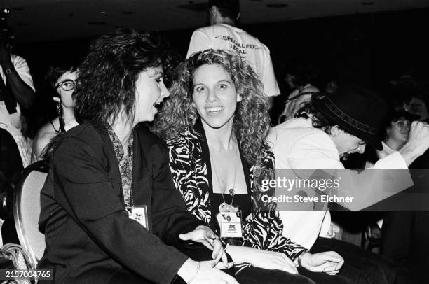 View of publicist Jane Blumenfeld Silverman Berman with an unidentified guest during the New Music Seminar at the Sheraton Hotel, New York, New York,...