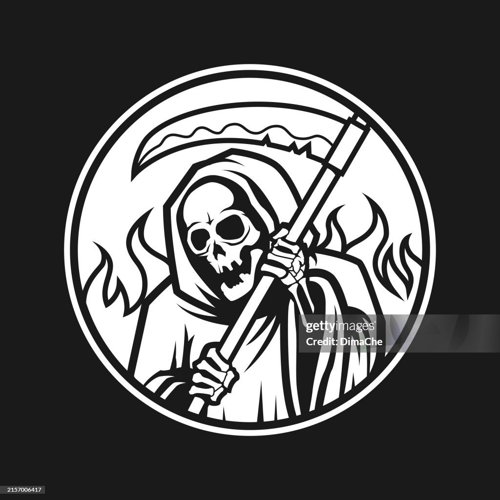 Grim Reaper with a scythe in fire. Death character mascot - cut out round icon, sticker, badge