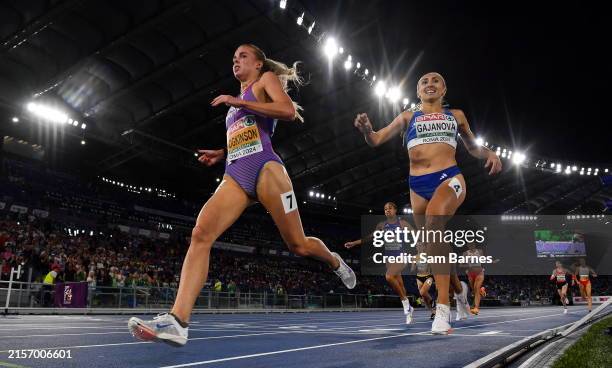Rome , Italy - 12 June 2024; Keely Hodgkinson of Great Britain, left, after winning the women's 800m final, ahead of Gabriela Gajanová of Slovakia,...