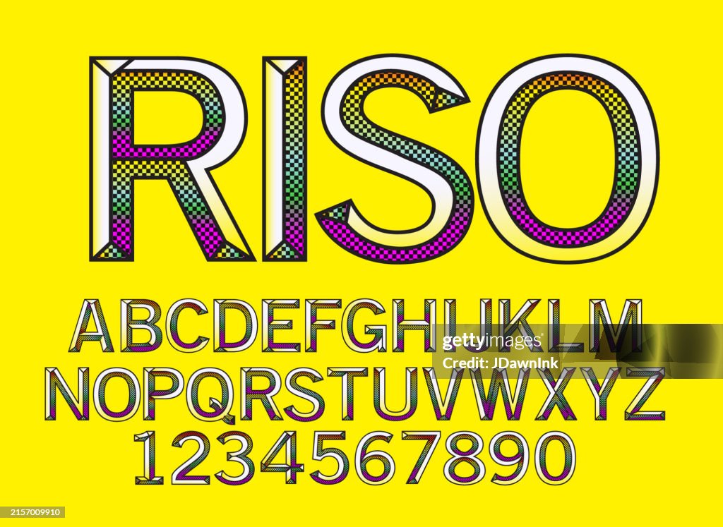 Retro riso print style screen printing font design alphabet includes capital letters and numbers