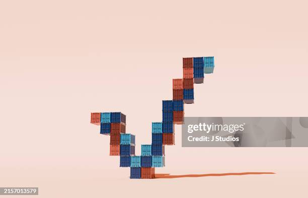 check mark made out of shipping containers - domanda e offerta foto e immagini stock