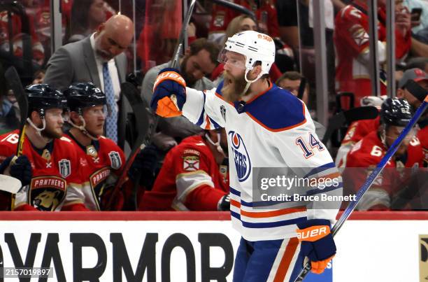 Mattias Ekholm of the Edmonton Oilers celebrates after scoring a goal against the Florida Panthers during the first period in Game Two of the 2024...