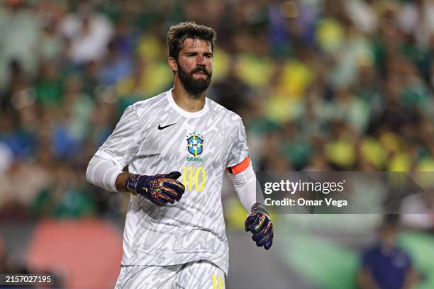 Goalkeeper Allison Becker of Brazil looks on during an international friendly match against Brazil at Kyle Field on June 8, 2024 in College Station,...