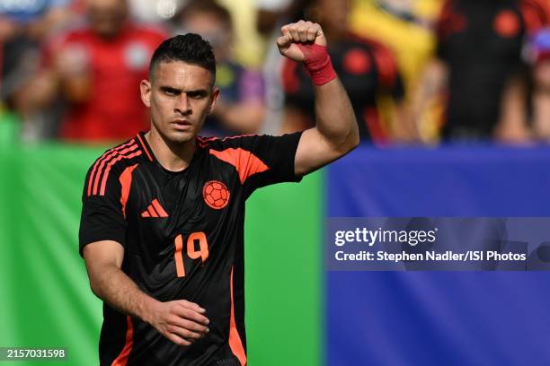 Rafael Santos Borre of Colombia celebrates a goal during the match between Colombia and USMNT at Commanders Field on June 8, 2024 in Landover,...