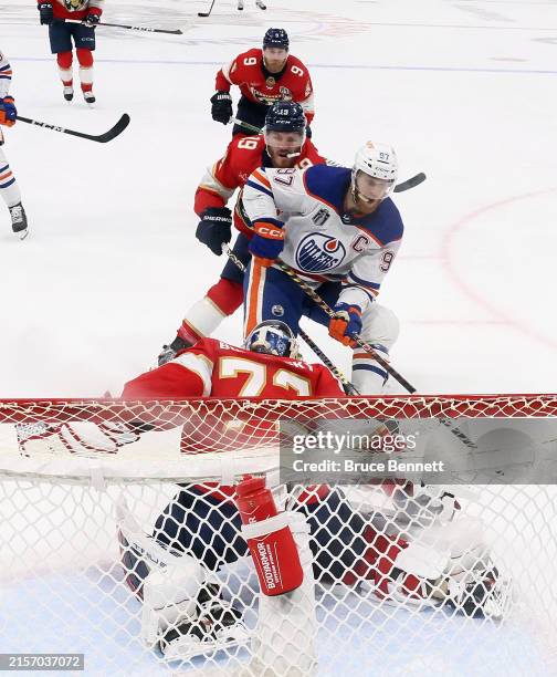 Connor McDavid of the Edmonton Oilers is stopped on a third period breakaway by Sergei Bobrovsky of the Florida Panthers in Game Two of the 2024...