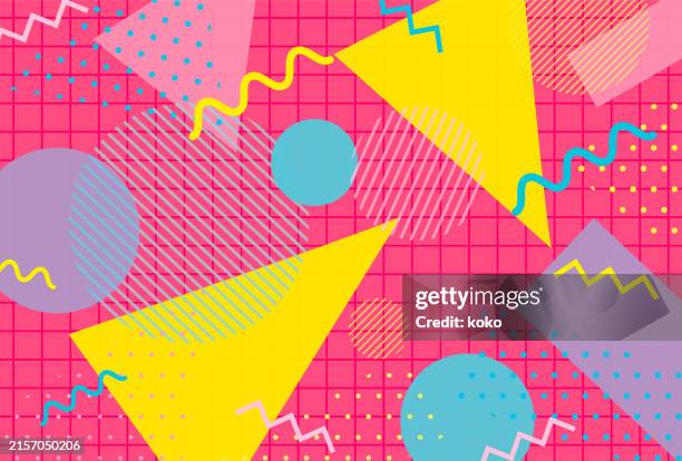geometrischer musterhintergrund. design im stil der 1990er jahre. banner, werbung. - retro-synthwave-background stock-grafiken, -clipart, -cartoons und -symbole