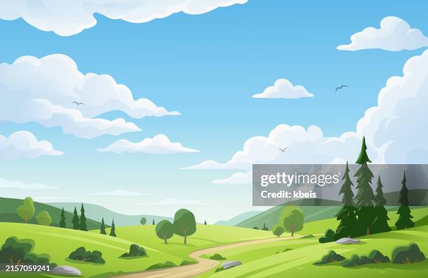 landscape with road and cloudy blue sky - background place stock illustrations