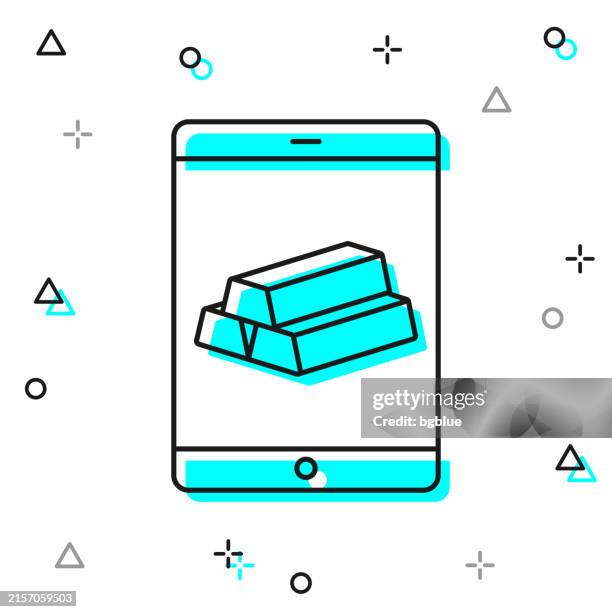 ilustraciones, imágenes clip art, dibujos animados e iconos de stock de tablet pc con lingotes de oro. icono de línea sobre fondo blanco - gold ipad