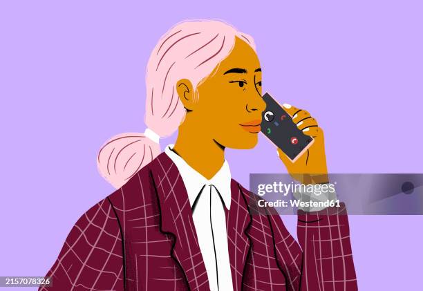 businesswoman talking through smart phone against purple background - women icon stock illustrations