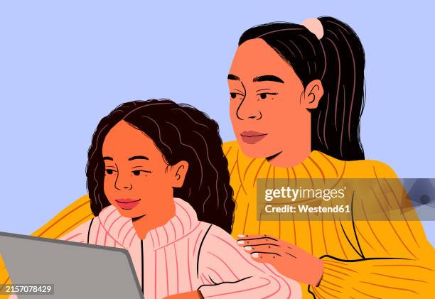 illustrations, cliparts, dessins animés et icônes de mother assisting daughter doing e-learning through tablet pc - instruction à domicile