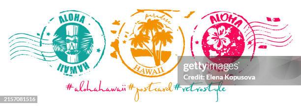 ilustrações de stock, clip art, desenhos animados e ícones de set of summer aloha hawaii postage stamps in retro style. stylish vector exotic stamps on blank background. - aloha palavra havaiana