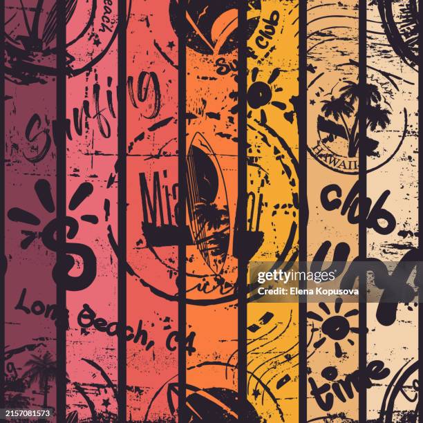 abstract colored striped background with postage stamps and text in retro style. multicolored grunge stripes on a white background with summer greeting text. vector seamless surf club styles for apps, websites, presentations or design. - surfboard isolated stock illustrations