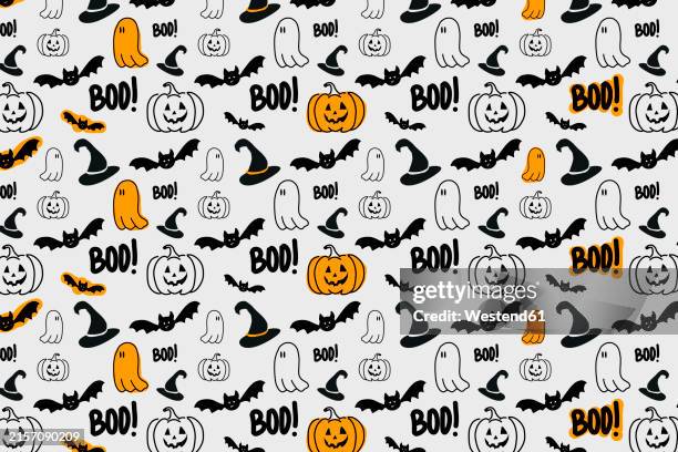 pattern of rows of halloween icons against white background - witch hat on white stock illustrations