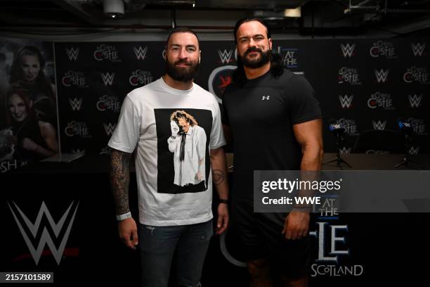 Fighter Paul Craig and WWE Superstar Drew McIntyre pose backstage prior to WWE's Clash at the Castle, Premium Live Event at The OVO Hydro on June 15,...