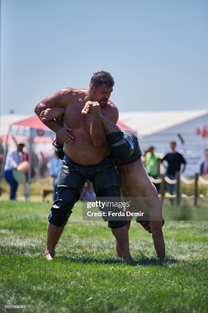 Men take part in a traditional Turkish oil wrestling match during the ...