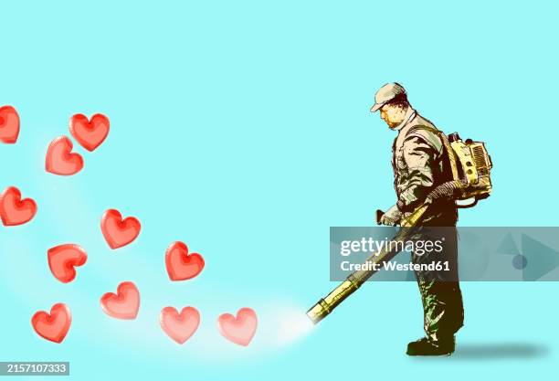 man blowing away hearts using leaf blower against blue background - nicht-erwiderte-liebe stock-grafiken, -clipart, -cartoons und -symbole