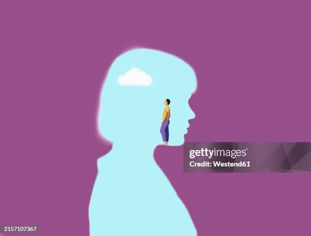 man standing in woman's head and gazing cloud purple background - blick nach oben stock-grafiken, -clipart, -cartoons und -symbole