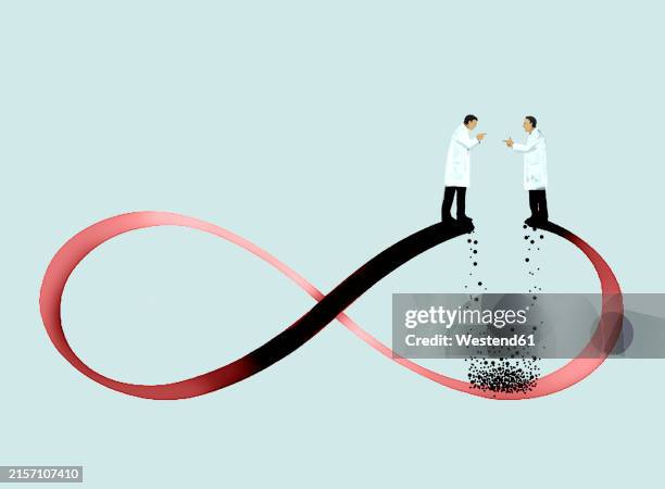 ilustraciones, imágenes clip art, dibujos animados e iconos de stock de scientists arguing on crumbling eternity symbol over blue background - compañero de trabajo
