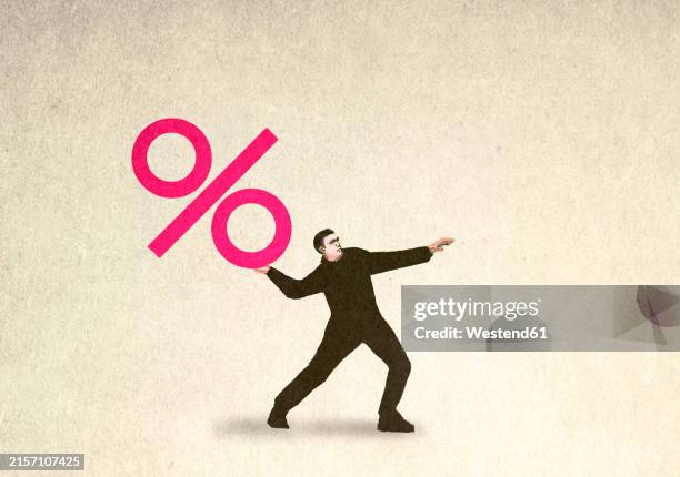 stockillustraties, clipart, cartoons en iconen met man throwing percentage symbol against white background - monetair-beleid