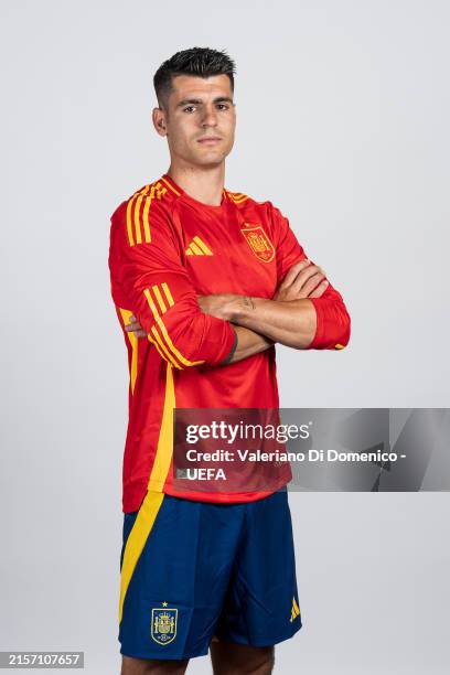 Alvaro Morata of Spain poses for a portrait during the Spain Portrait session ahead of the UEFA EURO 2024 Germany on June 10, 2024 in Donaueschingen,...