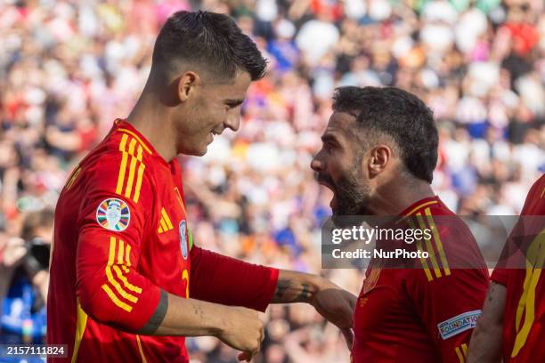 Alvaro Morata and Dani Carvajal are playing during the UEFA Euro 2024 Group B match between Spain and Croatia at the Olympiastadion Berlin in Berlin,...