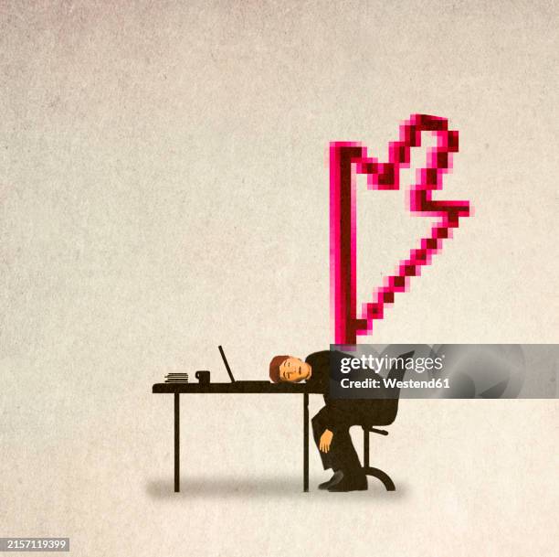 oversized mouse cursor pointing at overworked man sleeping at desk - table side view stock illustrations