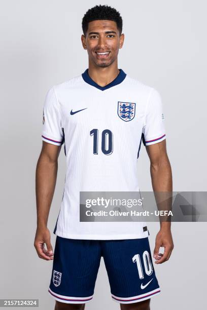 Jude Bellingham of England poses for a portrait during the England Portrait session ahead of the UEFA EURO 2024 Germany on June 11, 2024 in...
