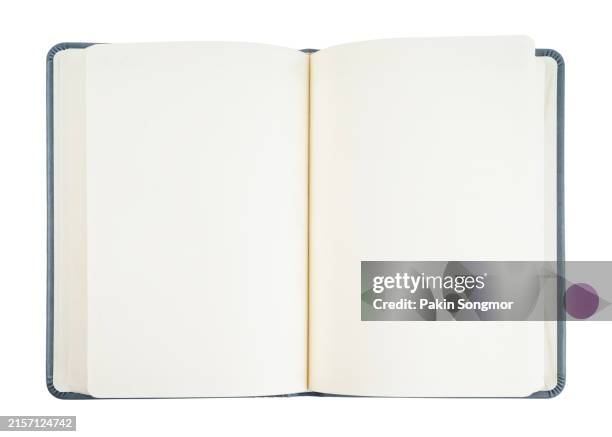 a blank, open notebook isolated on white background, save clipping path. - blank pages in open book overhead view stock pictures, royalty-free photos & images