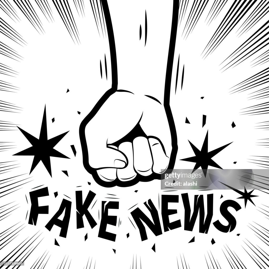 One powerful fist crushes and smashes the Fake News, in the background with radial manga speed lines